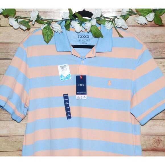 NWT Izod Advantage Men's Size Large Peach Blue Striped Polo Shirt Sport Flex - Picture 2 of 9